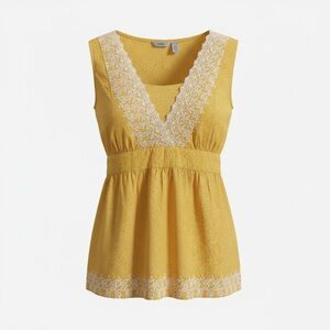 Y2K IZOD Boho Canary Yellow Babydoll Top - White Floral Crochet Detail